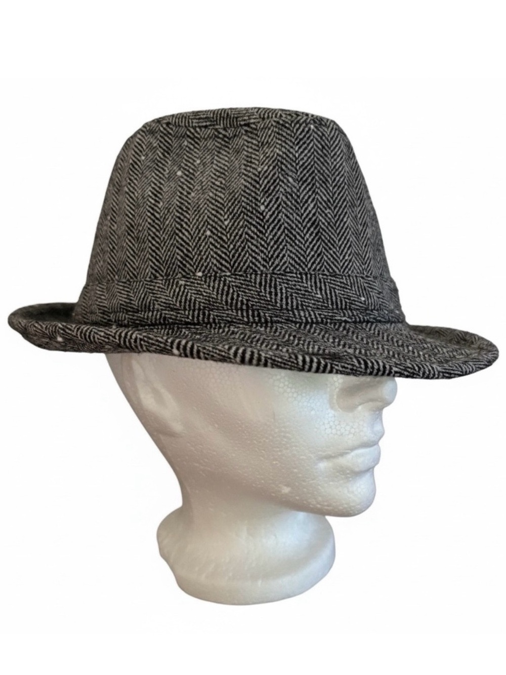 Vintage Tweed Structured Fedora Grey Herringbone Retro Stylish Preppy Hat - NEW